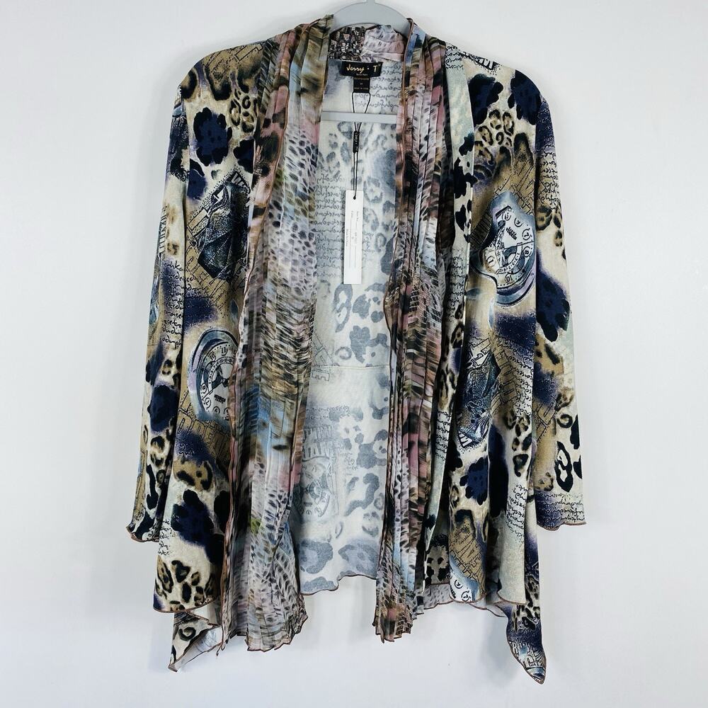 Jerry T Cardigan Sweater Medium Printed Chiffon Trim Open Front